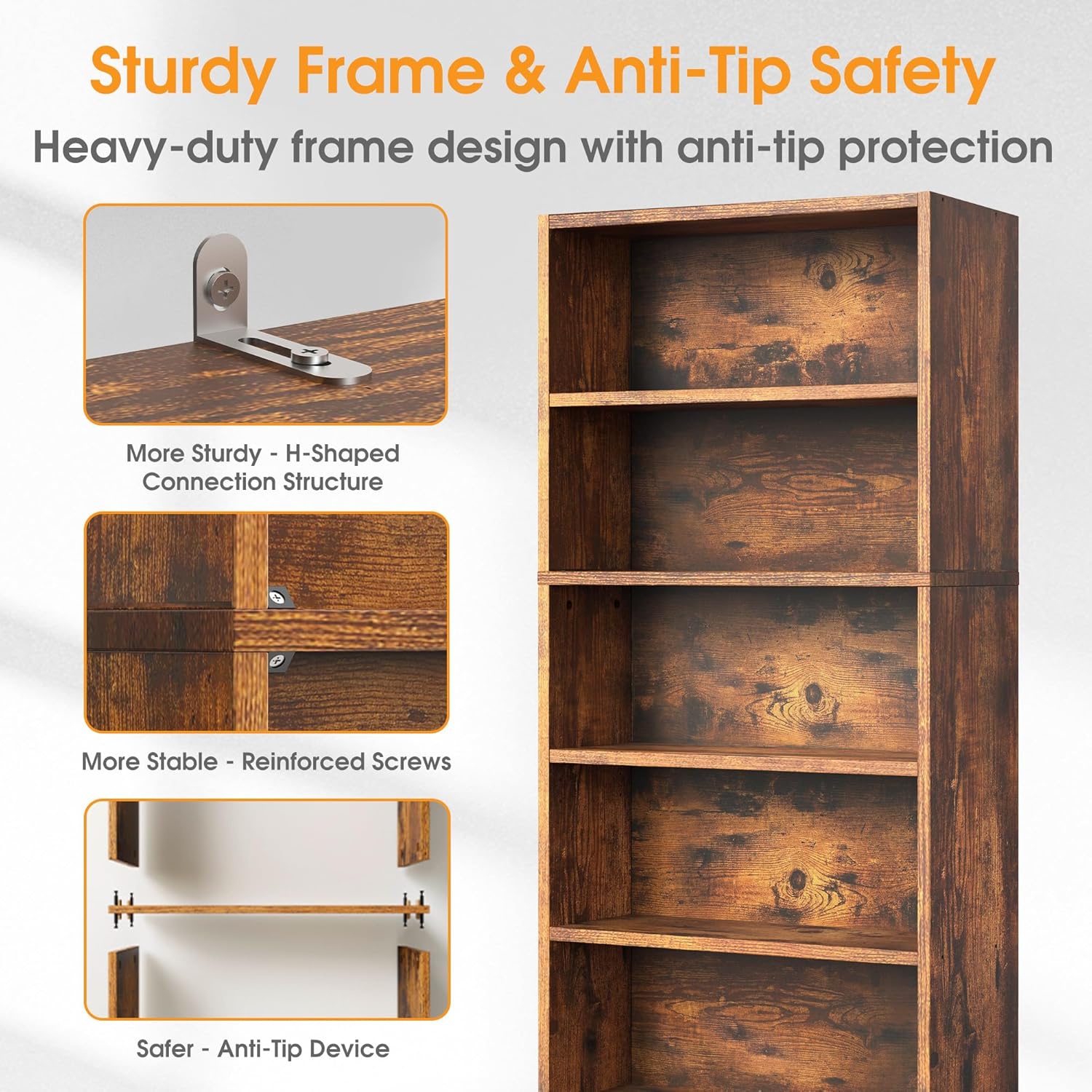 Sweetcrispy 5 Shelf Bookcase Open Display Bookshelf Storage Organizer | 53 Inches Tall Book Shelf Floor Standing Corner Unit, Living Room, Home Office, Kitchen, Bedroom, Rustic Brown Wood — Brown / 5 Shelf (6)