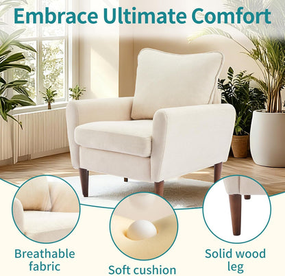 OLIXIS Comfy Accent Chair for Living Room Bedroom and Waiting Room, Upholstered Mid-Century Reading Chair with Pillow and Solid Wood Legs, Wide Singe Modern Lounge Sofa Beige, 2 Pack — Ivory White / 2 (8)