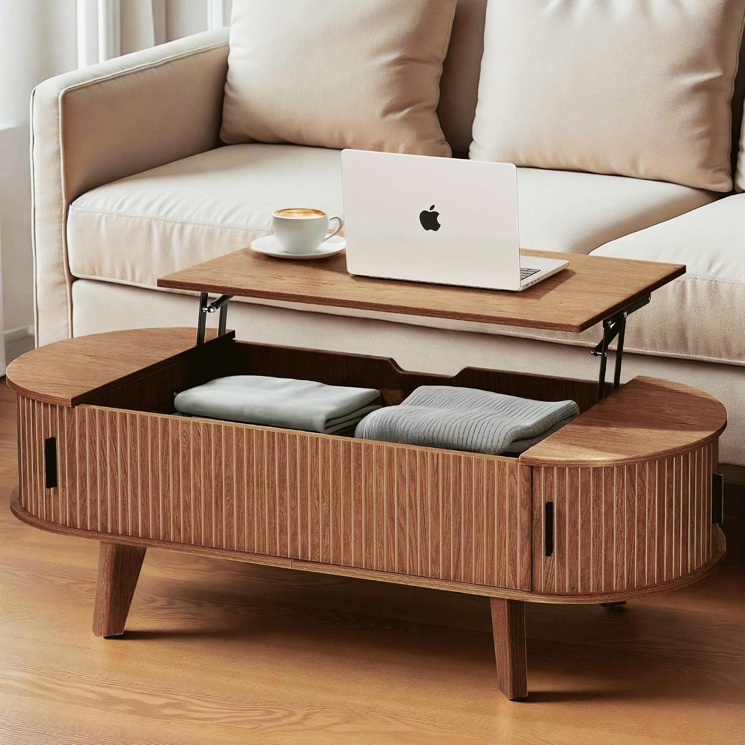 Oval Lift Top Coffee Table with Storage, 47.2" Mid Century Modern Living Room Center Table with 180° Sliding Tambour Door, Wood Fluted Coffee Table for Home Office, Walnut — Walnut / Oval
