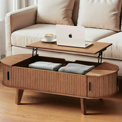 Oval Lift Top Coffee Table with Storage, 47.2" Mid Century Modern Living Room Center Table with 180° Sliding Tambour Door, Wood Fluted Coffee Table for Home Office, Walnut — Walnut / Oval