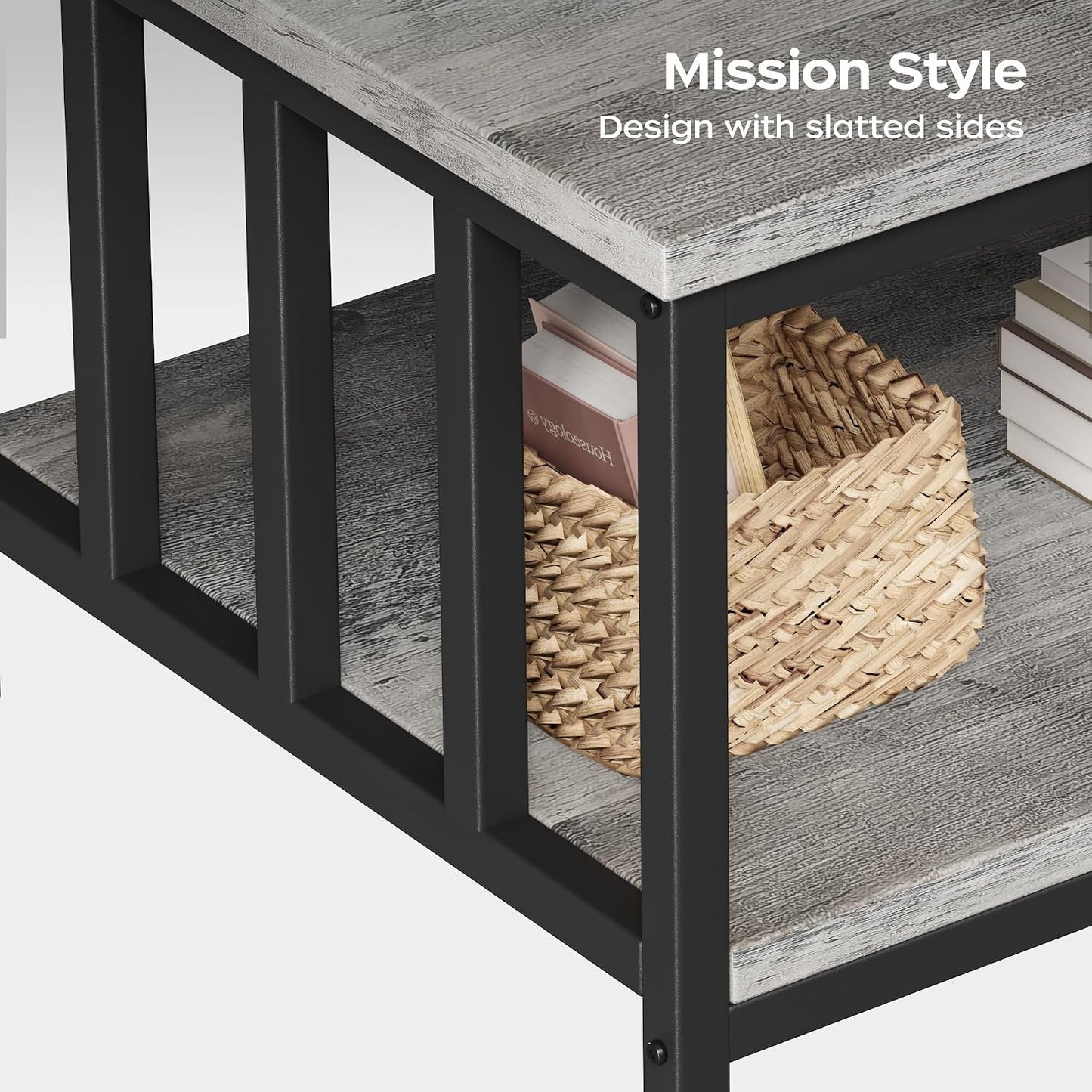Homeiju Coffee Table for Living Room with Slatted Sides Frame, Modern Farmhouse Living Room Table with 2-Tier Storage Shelf for Home Office, Apartment, Grey Wash, 39 inch — 39.4L*21.6W*18.1H / Grey Wash (7)