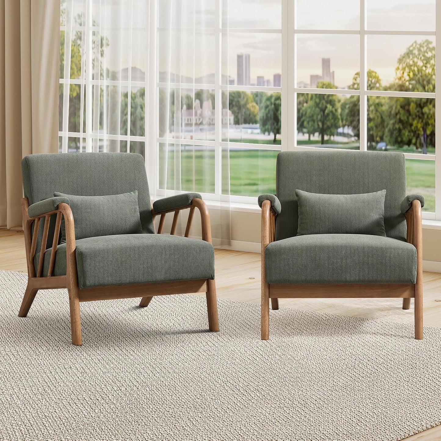 INZOY Mid Century Modern Accent Chair with Wood Frame, Upholstered Living Room Chairs with Waist Cushion, Reading Armchair for Bedroom Sunroom (Beige)