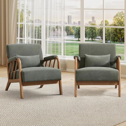 INZOY Mid Century Modern Accent Chair with Wood Frame, Upholstered Living Room Chairs with Waist Cushion, Reading Armchair for Bedroom Sunroom (Beige)