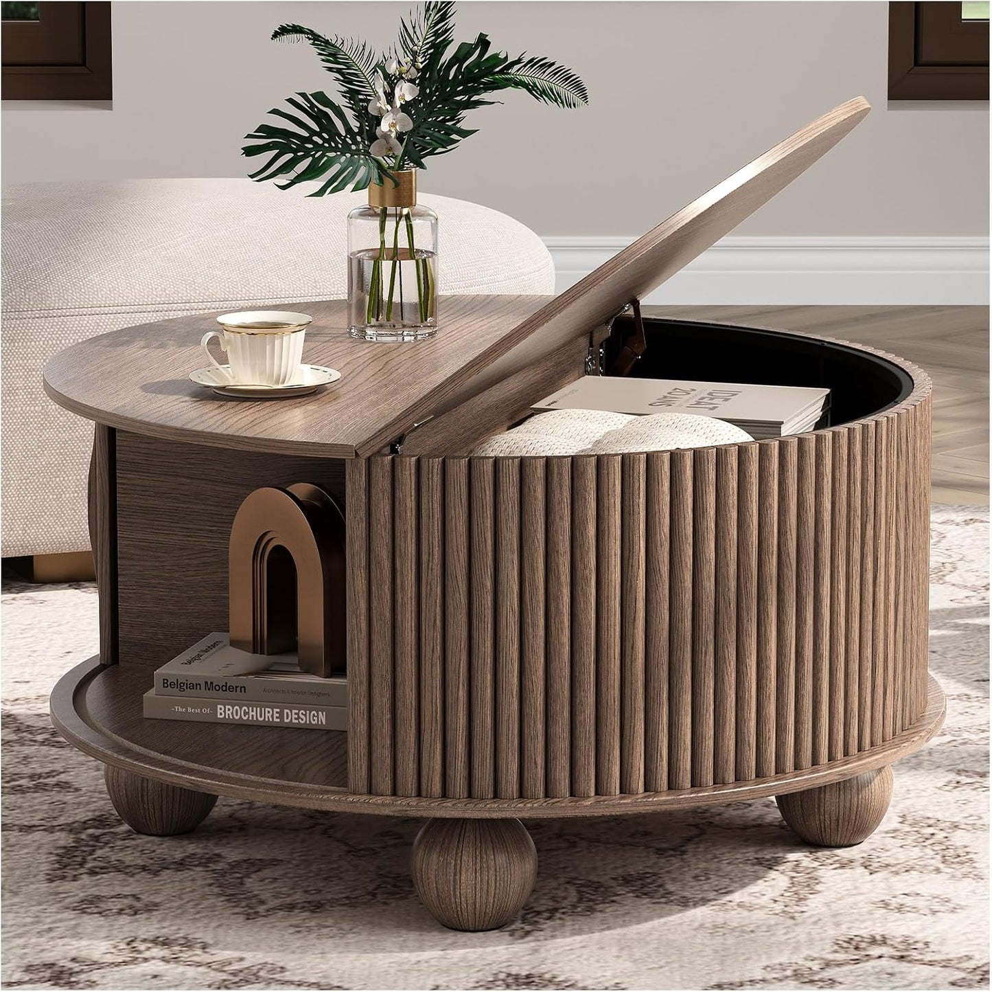 JOINICE 31.5" Round Coffee Table with Storage for Living Room, Walnut | Hidden Storage,Fluted Sliding Door,Mid Century Furniture for Small Apartments,Solid Wood Legs,Easy Assembly,Up to 110 lbs — Walnut_round (Bun Feet)