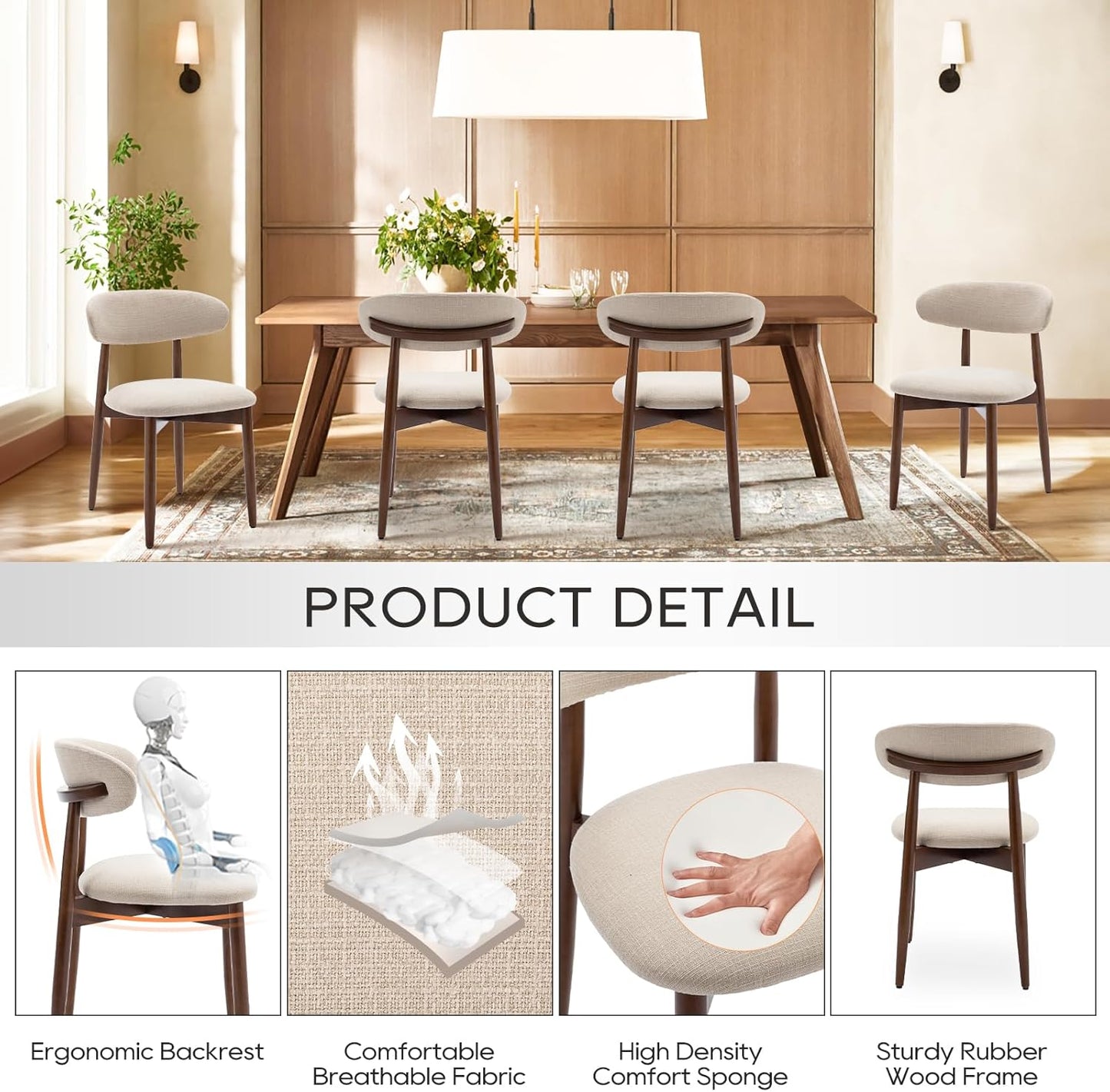 COLAMY Wooden Dining Chairs Set of 4, Modern Fabric Upholstered Kitchen Side Chairs, Farmhouse Dining Room Chair with Foot Pegs, Beige — Beige / Set of 4 (5)
