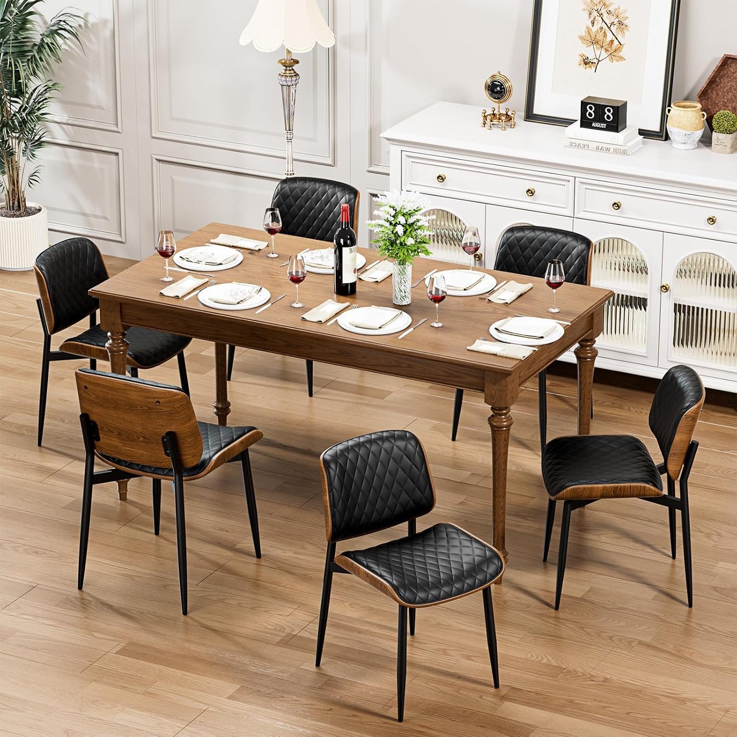 YaFiti Mid Century Dining Chairs Set of 4 with Walnut Bentwood, Greige | Ergonomic Walnut Backrest, Upholstered Waterproof PU Leather Seat, Stable Metal Legs, Adjustable Footpads, Apartment Friendly — Black Lozenge / 6