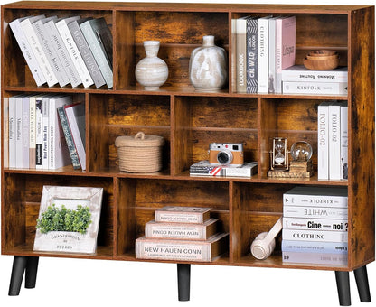 LEYAOYAO Cube Bookshelf 3 Tier Mid-Century Rustic Brown Modern Bookcase with Legs,Retro Wood Bookshelves Storage Organizer Shelf,Freestanding Open Book Shelves for Bedroom,Living Room,Office — Brown / 10 Cube Plus with Legs