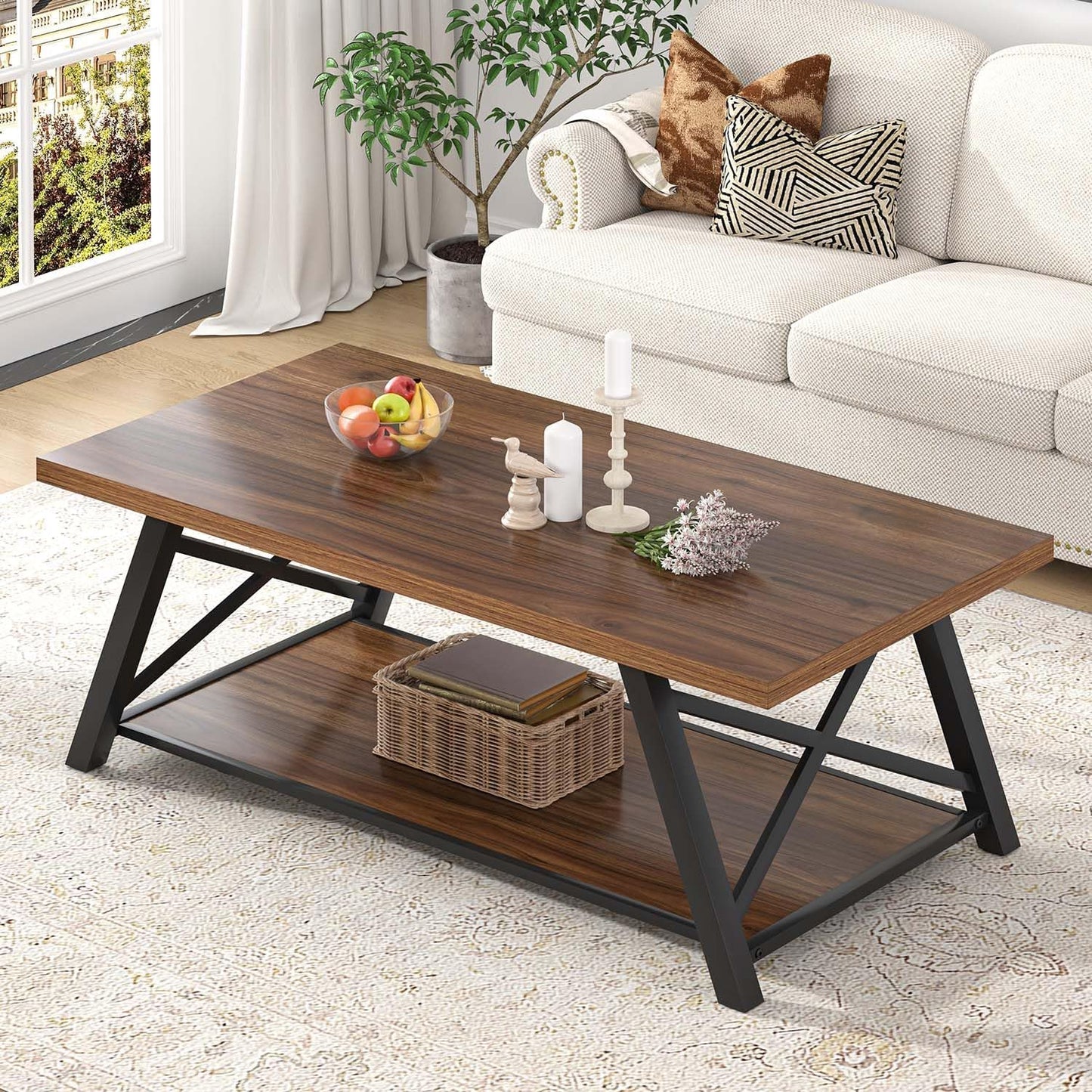 EXCEFUR Modern Coffee Table, Rectangle Center Table for Living Room with Storage Shelf, Industrial Wood and Metal Cocktail Tea Table, Rustic Oak, 47 Inch — Walnut