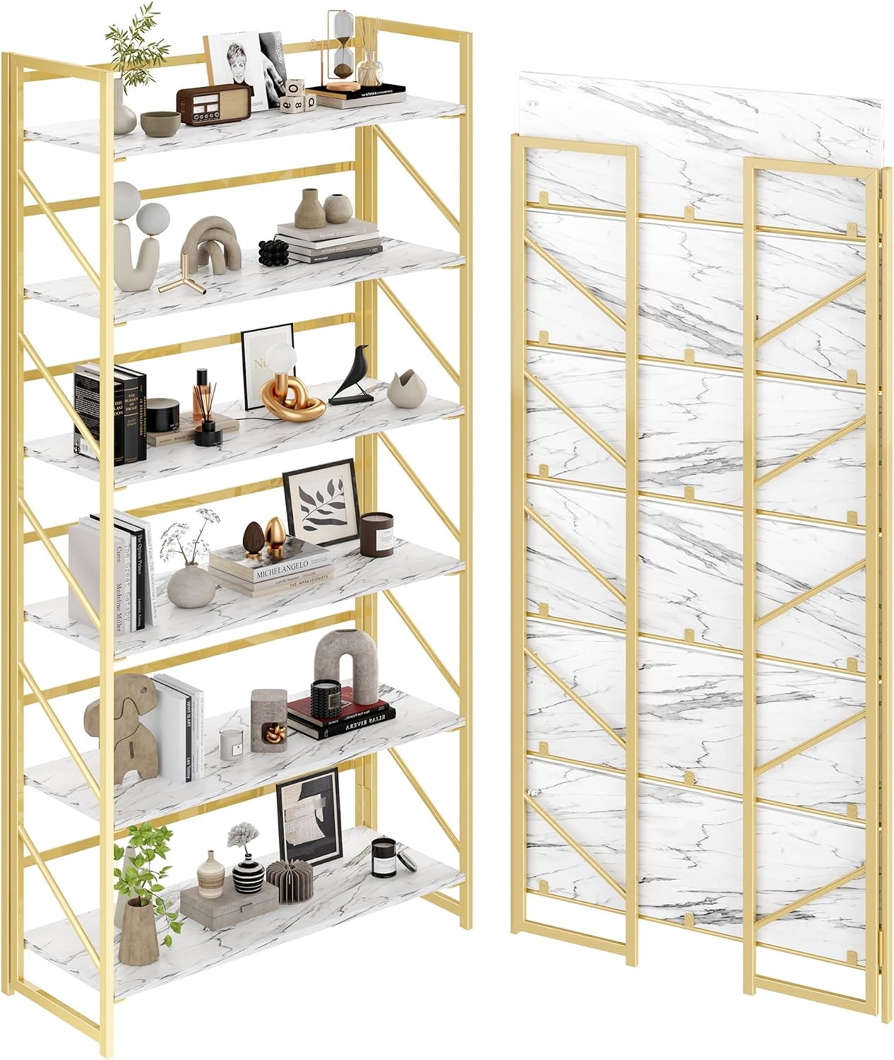 JSB No Assembly Folding Bookshelf, 4 Tier Industrial Metal Book Shelf for Storage, Vintage Wood Foldable Bookcase for Living Room, Bedroom, Office Organization Shelves — White&gold / Wide Flat Tube 6-Tier