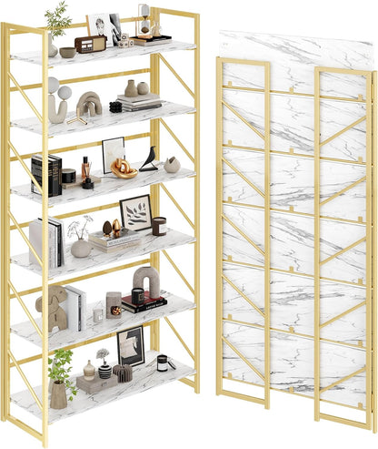 JSB No Assembly Folding Bookshelf, 4 Tier Industrial Metal Book Shelf for Storage, Vintage Wood Foldable Bookcase for Living Room, Bedroom, Office Organization Shelves — White&gold / Wide Flat Tube 6-Tier