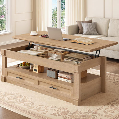 Itaar 47.2" Lift Top Coffee Table with Storage, Farmhouse Coffee Tables for Living Room with 4 Wood Drawers & Large Hidden Storage Space, Center Table for Living Room, Black + Brown — Oak / 2 Drawers
