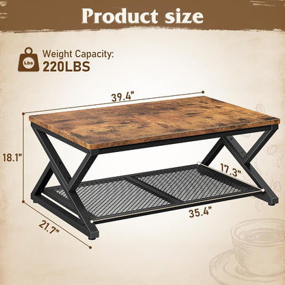 EnHomee Coffee Table with Storage & Shelf for Living Room, Rustic Brown | Families, Wood & Metal, Holds Magazines & Drinks, Industrial Design — Rustic Brown / 39.4 Inch (2)