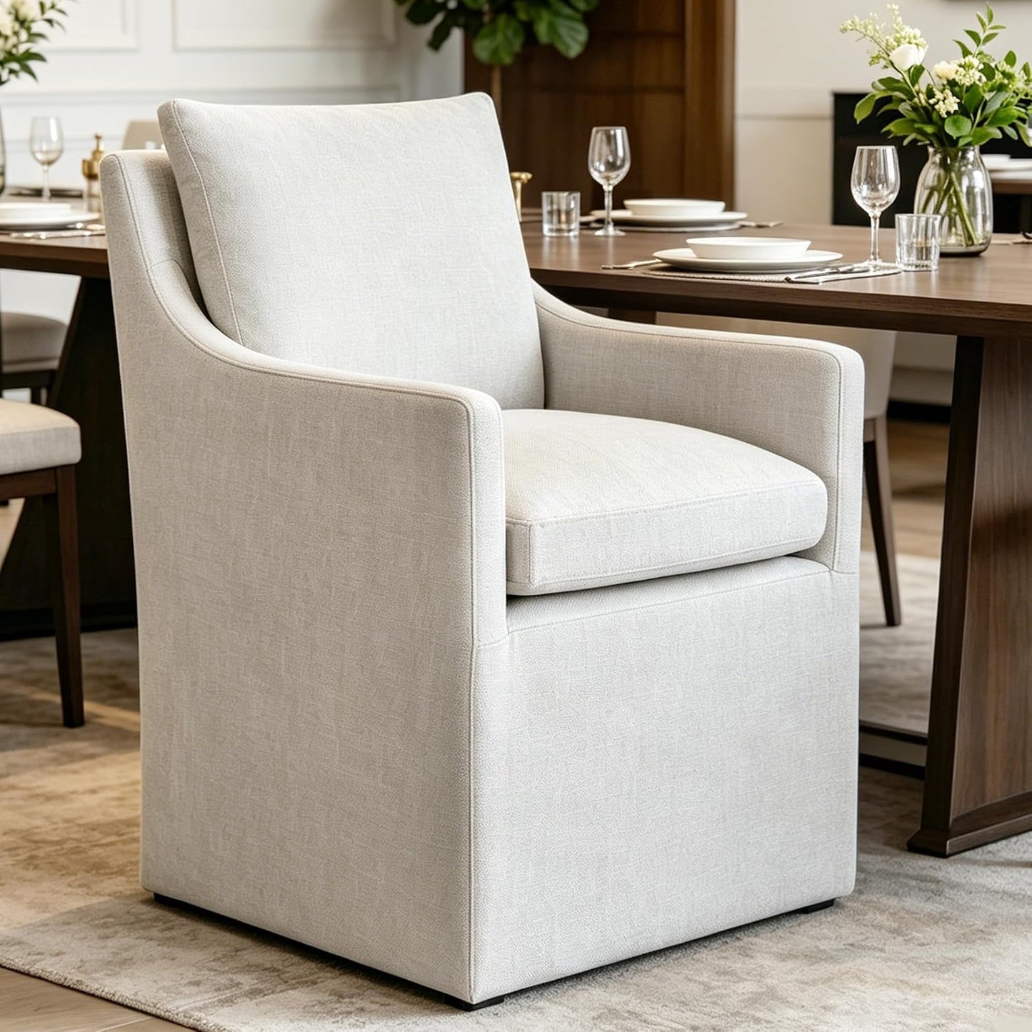 DUHOME Upholstered Dining Chair Set of 2 360 Swivel Linen Accent Armchair | Pre-Assembled Modern Rolling Armchair with Silent Casters, Beige Linen Accent Chair for Dining Room Living Room Bedroom — Beige / 1PCS