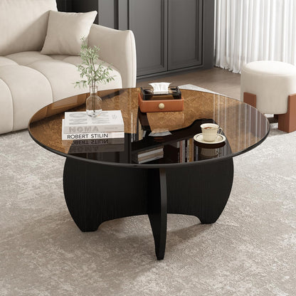 31.5'' Round Coffee Table with Tempered Glass Top, Modern Center Table for Small Spaces - Sturdy Black Board Frame, Simple Design for Living Room, Home, Office - Easy Assembly. — Black