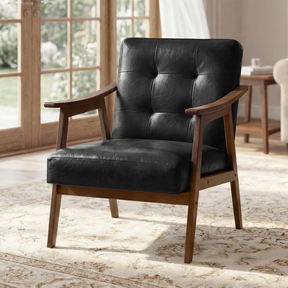 VASAGLE Accent Chair, PU Leather Armchair, Button Tufted Living Room Chair, Thick Cushion, Mid Century Modern Lounge Seating for Bedroom, Reading Nook, Home Office, Brown ULYY200KZ02S — Black / 29.5"D x 24.6"W x 28.7"H
