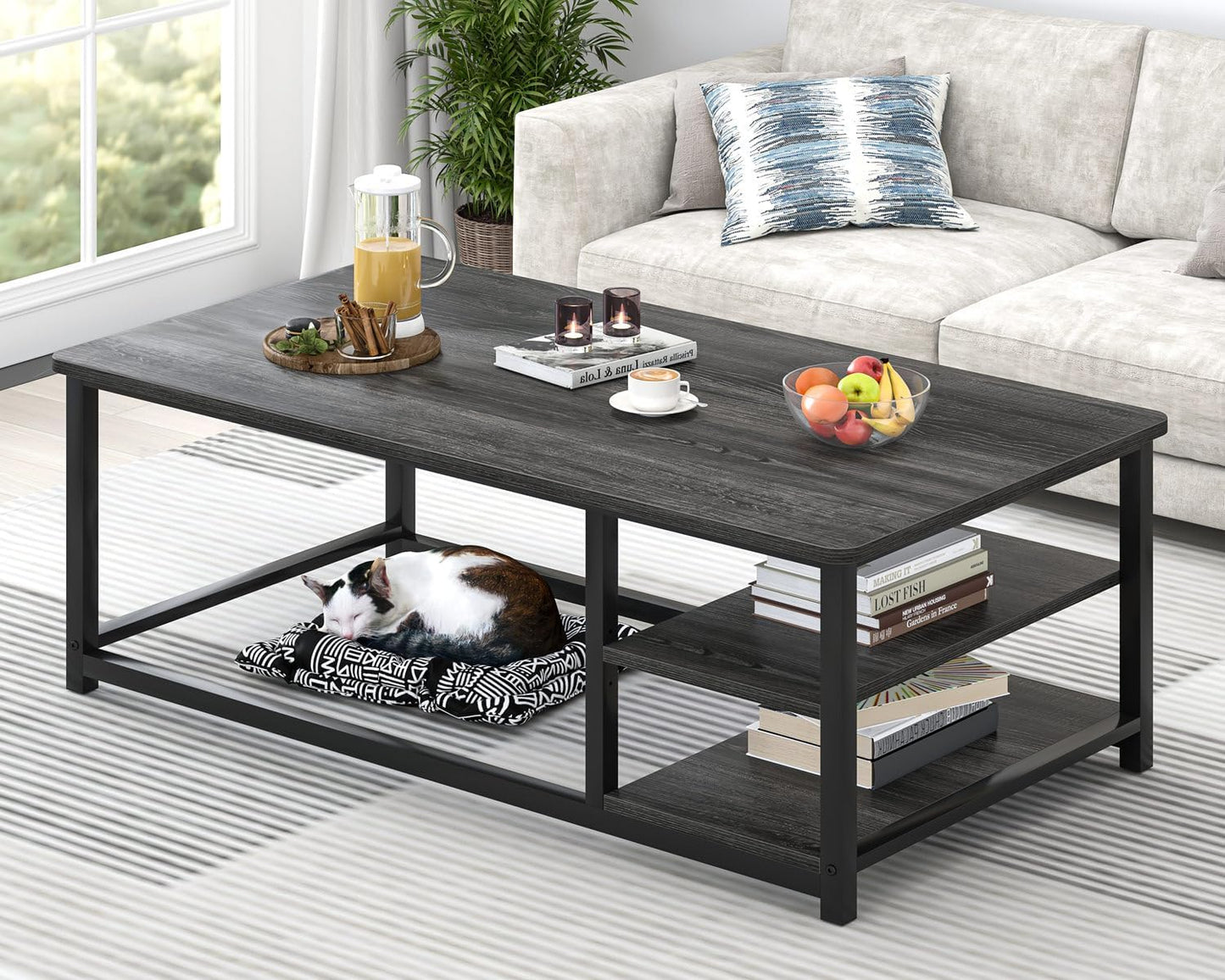 EXCEFUR Modern Coffee Table, Rustic Wood and Metal Living Room Table with Storage Shelf, Industrial Brown, 47 Inch — Grey
