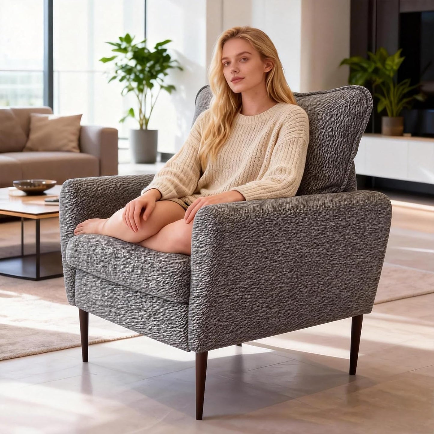 OLIXIS Comfy Accent Chair for Living Room Bedroom and Waiting Room, Upholstered Mid-Century Reading Chair with Pillow and Solid Wood Legs, Wide Singe Modern Lounge Sofa, Gray — Deep Gray / 1 (5)