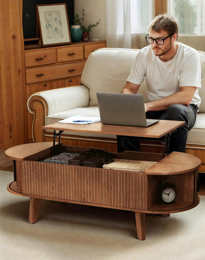 Oval Lift Top Coffee Table with Storage, 47.2" Mid Century Modern Living Room Center Table with 180° Sliding Tambour Door, Wood Fluted Coffee Table for Home Office, Walnut — Walnut / Oval (8)