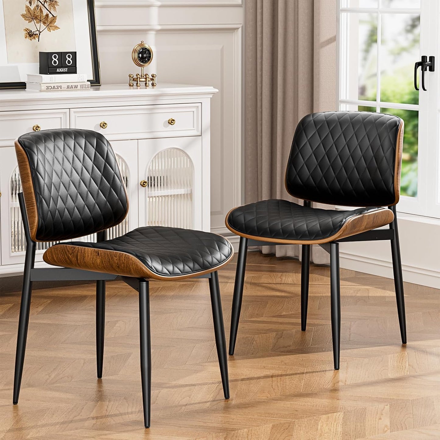 YaFiti Mid Century Dining Chairs Set of 4 with Walnut Bentwood, Greige | Ergonomic Walnut Backrest, Upholstered Waterproof PU Leather Seat, Stable Metal Legs, Adjustable Footpads, Apartment Friendly — Black Lozenge / 2