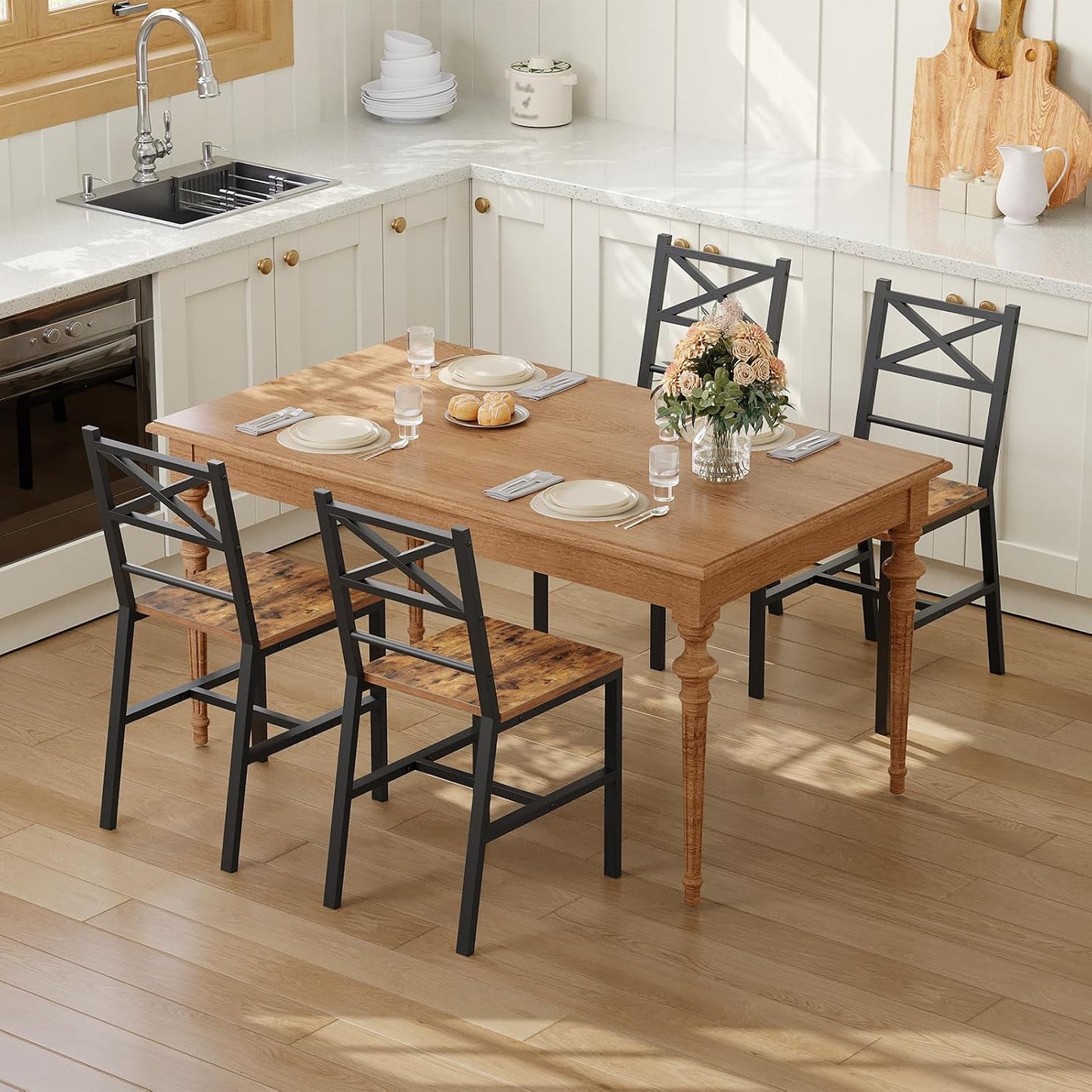 MAHANCRIS Dining Chair Set of 2, Rustic Wooden Kitchen Chairs with Backrest, Farmhouse Dining Chairs for Kitchen, Industrial Style Chair with Metal Frame, Easy Assembly, Rustic Brown TBHR1001 — Rustic Brown / 4