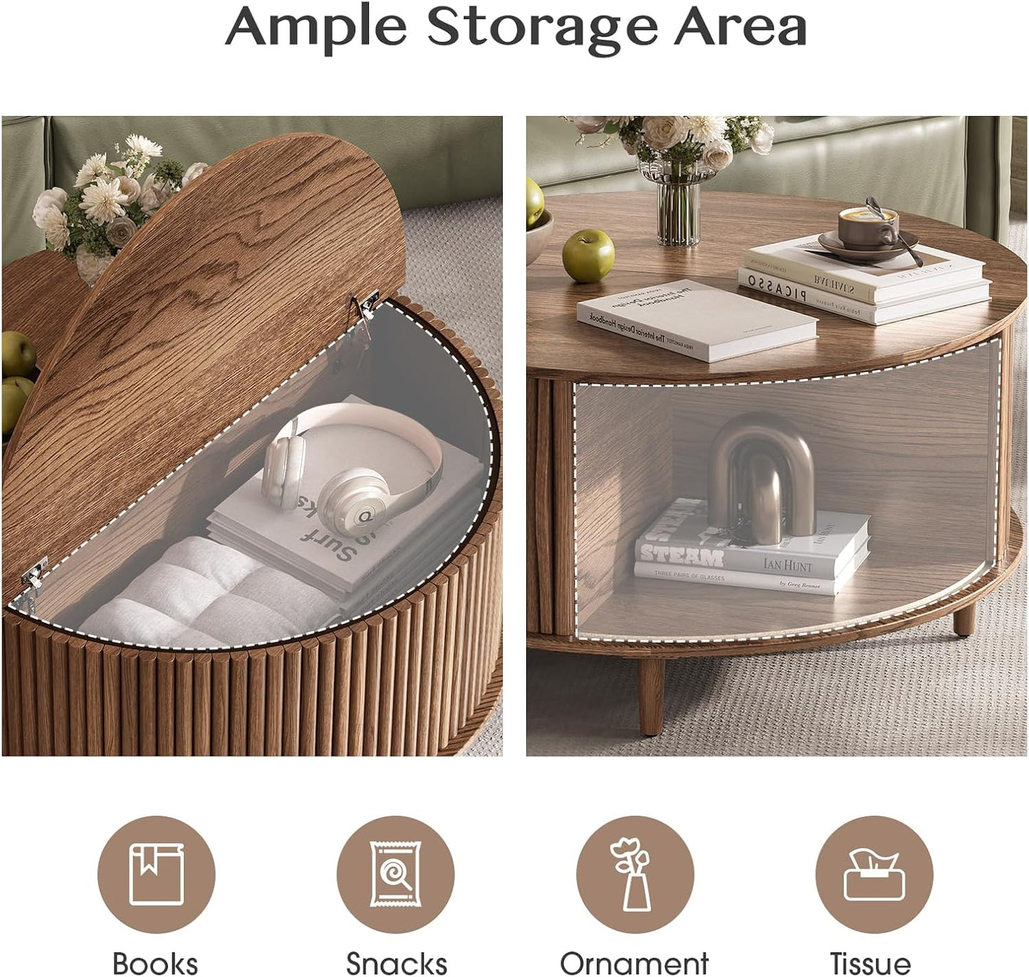 JOINICE 31.5" Round Coffee Table with Storage for Living Room, Walnut | Hidden Storage,Fluted Sliding Door,Mid Century Furniture for Small Apartments,Solid Wood Legs,Easy Assembly,Up to 110 lbs — Walnut_round (4)