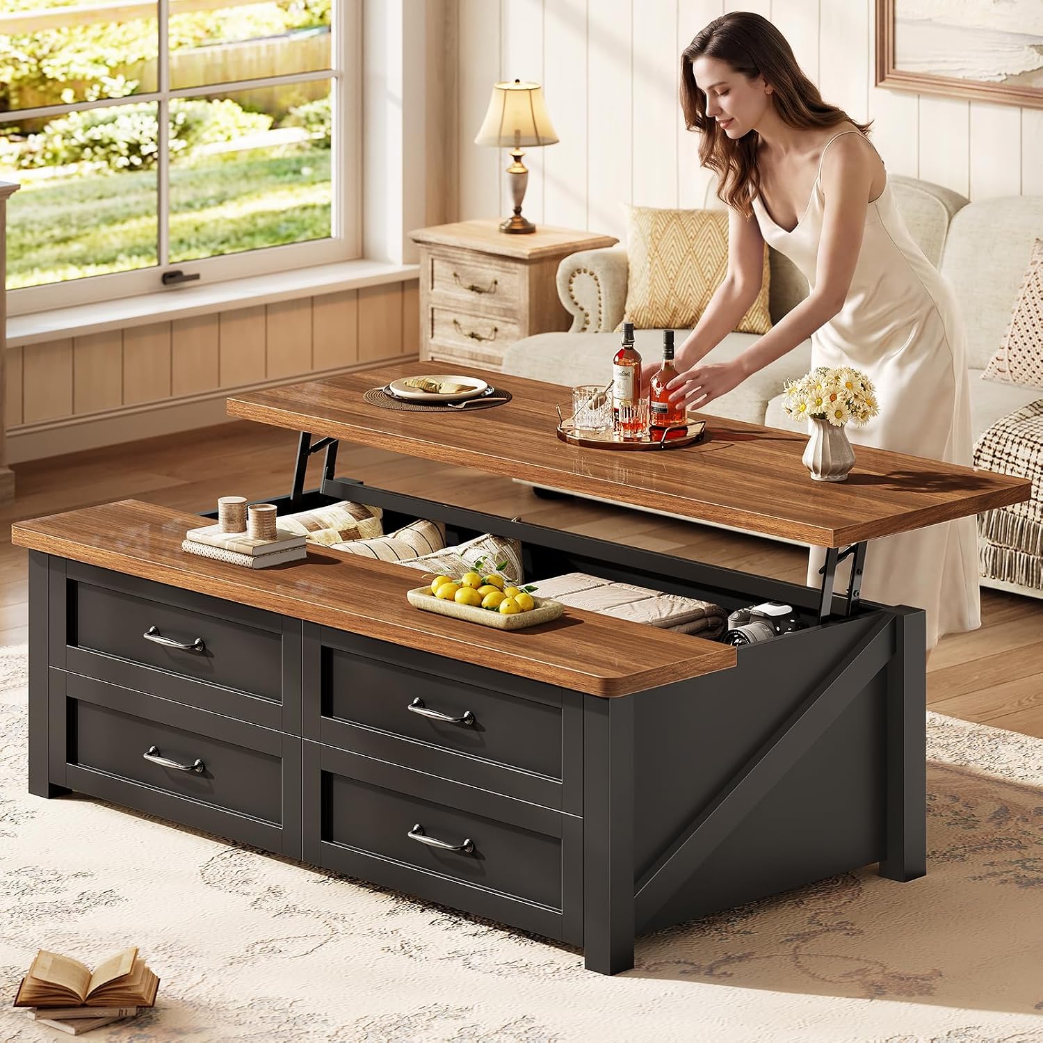 Itaar 47.2" Lift Top Coffee Table with Storage, Farmhouse Coffee Tables for Living Room with 4 Wood Drawers & Large Hidden Storage Space, Center Table for Living Room, Black + Brown — Black + Brown / 4 Drawers (3)