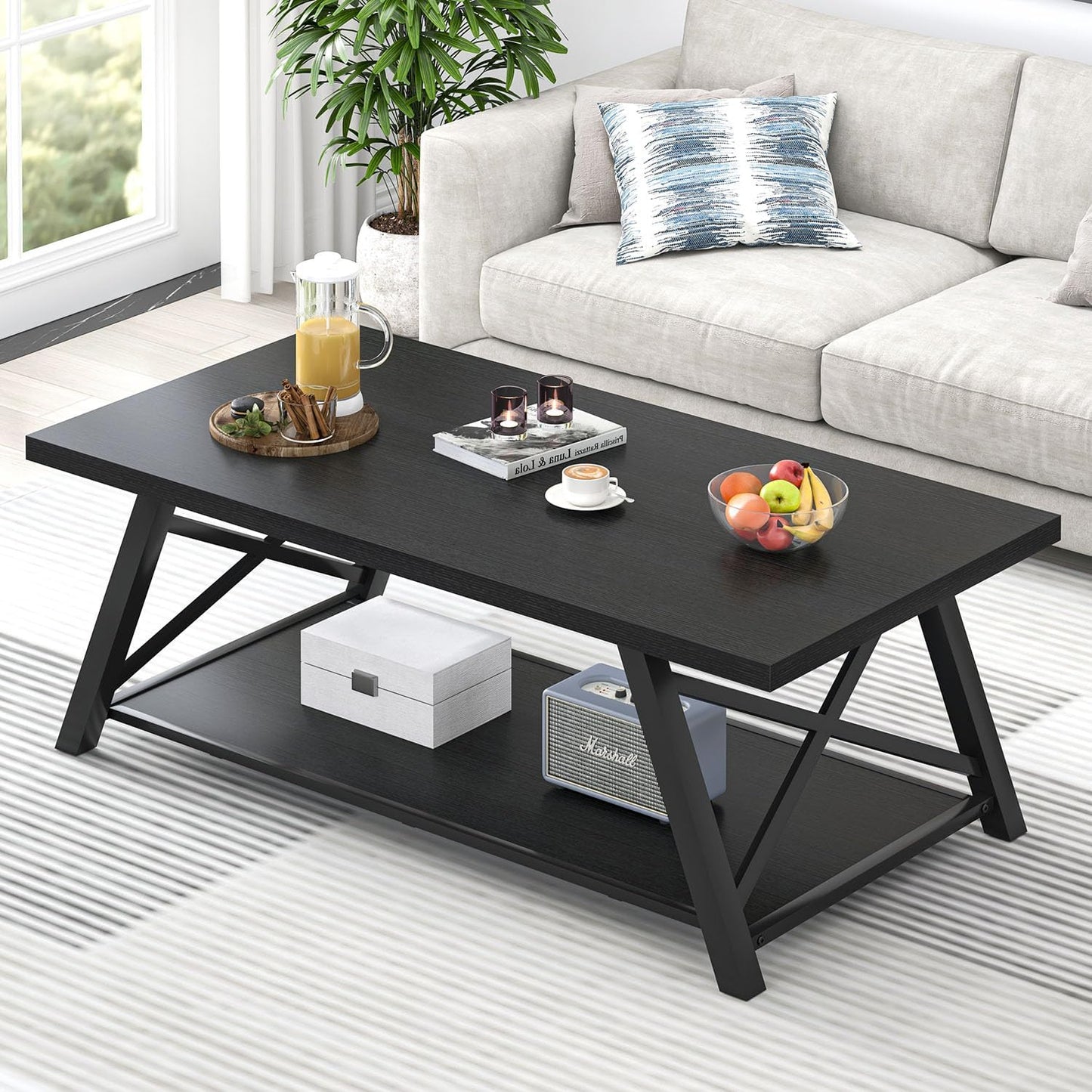 EXCEFUR Modern Coffee Table, Rectangle Center Table for Living Room with Storage Shelf, Industrial Wood and Metal Cocktail Tea Table, Rustic Oak, 47 Inch — Black