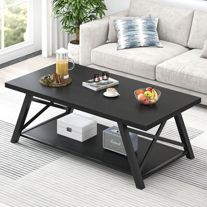 EXCEFUR Modern Coffee Table, Rectangle Center Table for Living Room with Storage Shelf, Industrial Wood and Metal Cocktail Tea Table, Rustic Oak, 47 Inch — Black