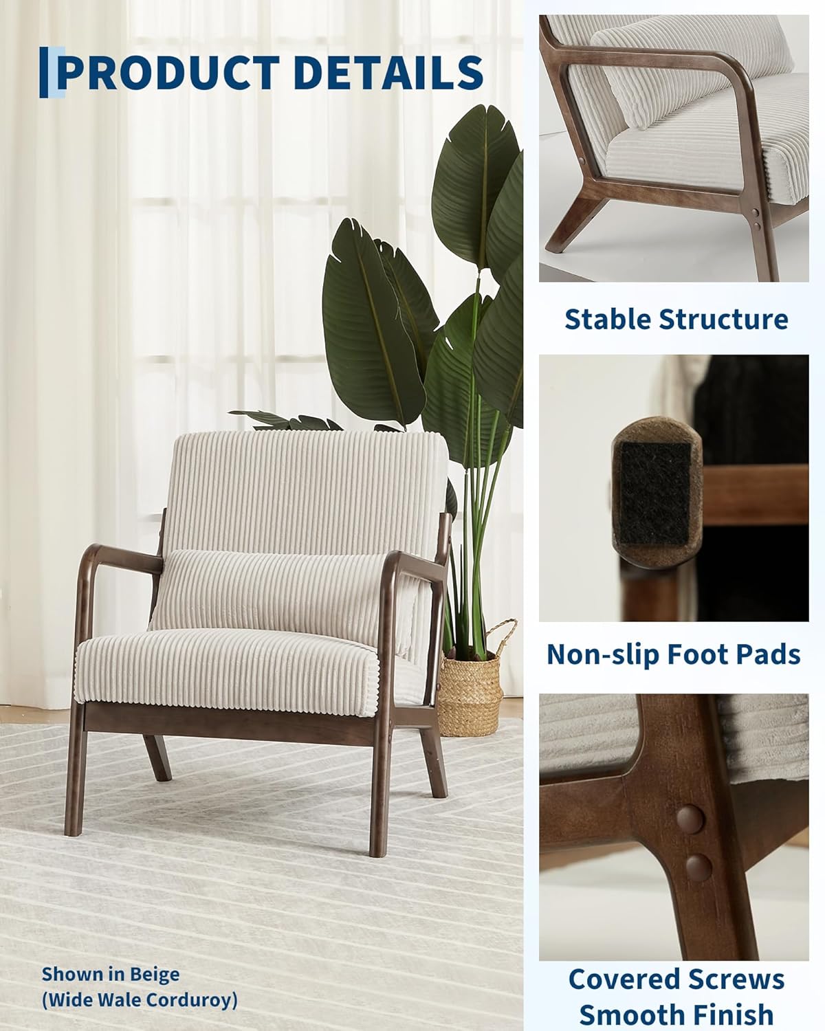 Garvee Mid-Century Chenille Accent Chair, Cozy Reading Chair, Modern Lounge Armchair with Lumbar Pillow, Solid Wood Frame, for Living Room, Bedroom, Office, Beige — Beige-chenille / 1 Pack (3)