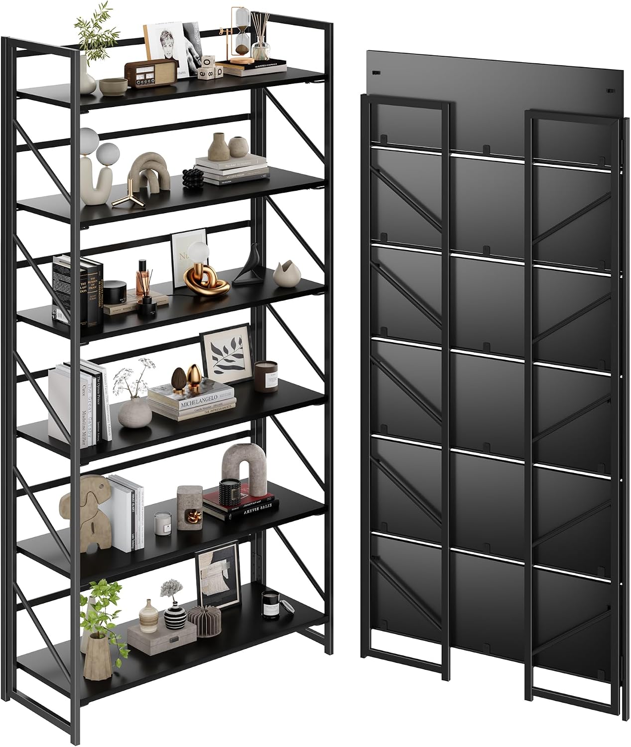 JSB No Assembly Folding Bookshelf, 4 Tier Industrial Metal Book Shelf for Storage, Vintage Wood Foldable Bookcase for Living Room, Bedroom, Office Organization Shelves — Black / Wide Flat Tube 6-Tier