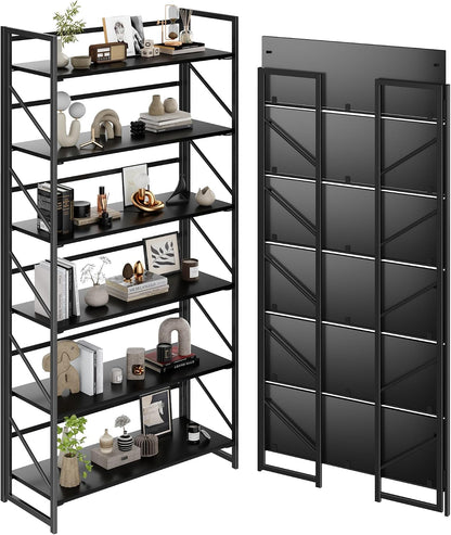 JSB No Assembly Folding Bookshelf, 4 Tier Industrial Metal Book Shelf for Storage, Vintage Wood Foldable Bookcase for Living Room, Bedroom, Office Organization Shelves — Black / Wide Flat Tube 6-Tier