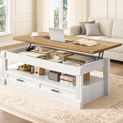 Itaar 47.2" Lift Top Coffee Table with Storage, Farmhouse Coffee Tables for Living Room with 4 Wood Drawers & Large Hidden Storage Space, Center Table for Living Room, Black + Brown — White + Brown / 2 Drawers