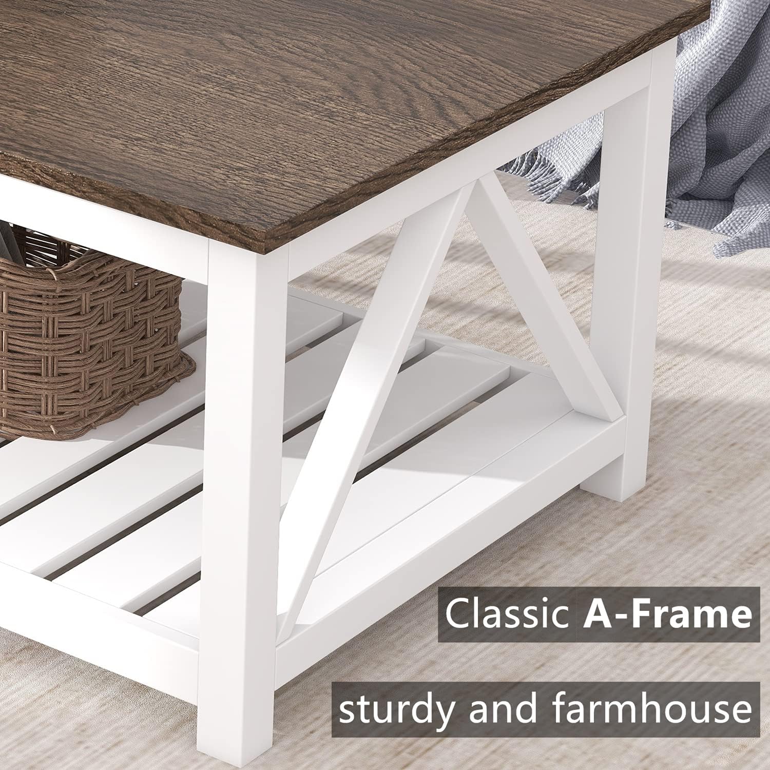 ChooChoo Farmhouse Coffee Table, Rustic Vintage Living Room Table with Shelf, 40 White — White / 40 Inches (6)