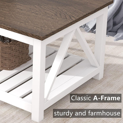 ChooChoo Farmhouse Coffee Table, Rustic Vintage Living Room Table with Shelf, 40 White — White / 40 Inches (6)