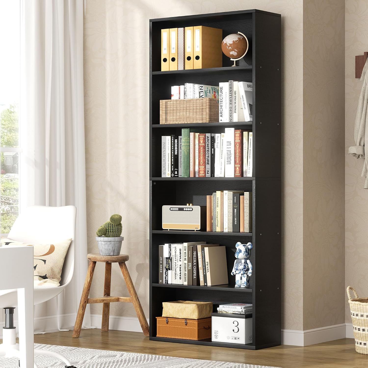 6-Tier Bookshelf, Modern Open Bookcase,6 Shelf Display Storage Shelves Floor Standing, 71 inches Tall Shelves for Home Office, Black — Black