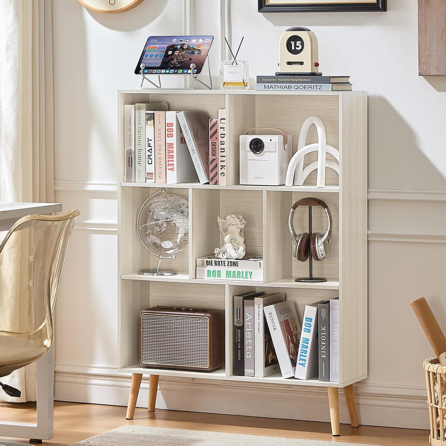 LEYAOYAO Cube Bookshelf 3 Tier Mid-Century Rustic Brown Modern Bookcase with Legs,Retro Wood Bookshelves Storage Organizer Shelf,Freestanding Open Book Shelves for Bedroom,Living Room,Office — Light Grey White / 7 Cube with Legs