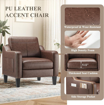 MALOL PU Leather Accent Chair, Mid-Century Modern Living Room Armchair Sofa with Removable Cushions, Solid Wood Frame & Stitched Armrest Design, Bedroom Chair with Plastic Legs, Chocolate Brown — Chocolate Brown / Set of 1 (5)