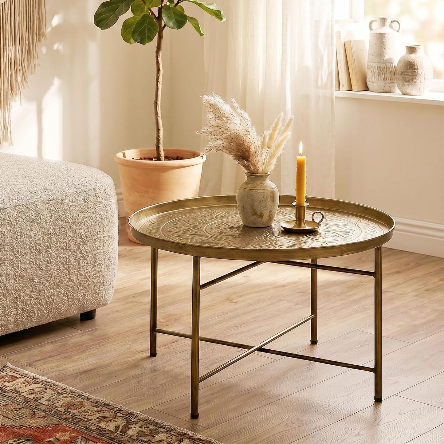 HOMCOM 24" Round Coffee Table with Hammered Tray Top, Vintage Metal Center Table for Living Room, Bedroom, Side Table, Gold — Gold (9)