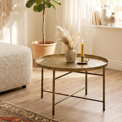 HOMCOM 24" Round Coffee Table with Hammered Tray Top, Vintage Metal Center Table for Living Room, Bedroom, Side Table, Gold — Gold (9)