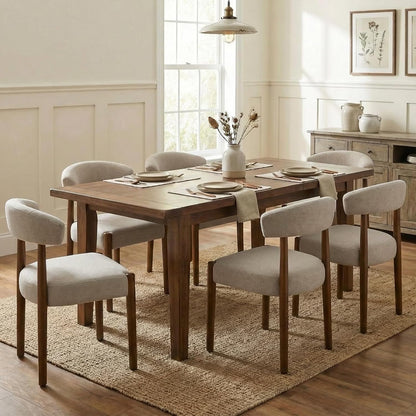 VKNOW Wooden Dining Chairs Set of 4, Modern Upholstered Dining Room Chairs with Walnut Wood Legs and Curved Backrest, Fabric Kitchen Chairs for Farmhouse/Living Room/Dining Room, Green — Set of 6 / Beige
