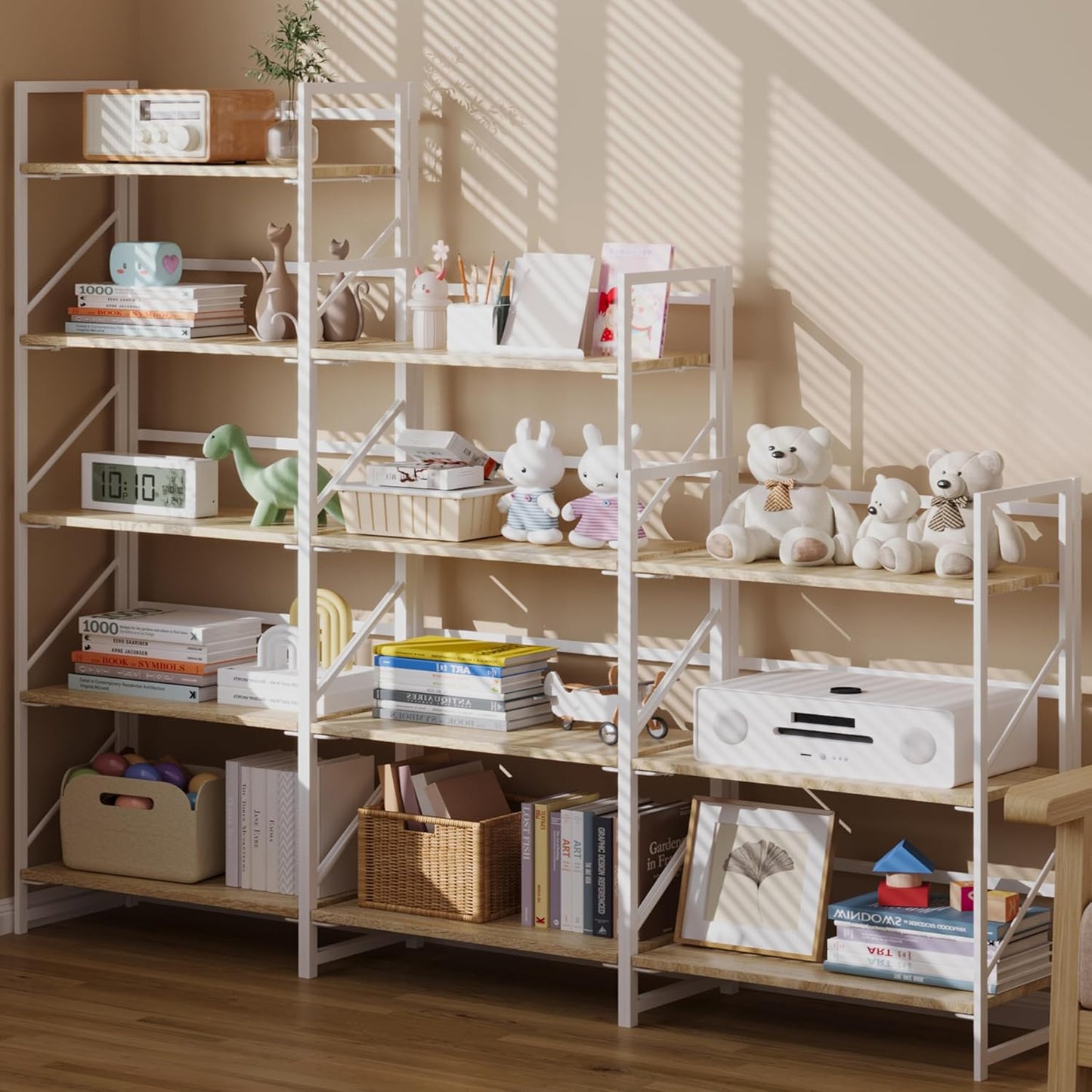 JSB No Assembly Folding Bookshelf, 4 Tier Industrial Metal Book Shelf for Storage, Vintage Wood Foldable Bookcase for Living Room, Bedroom, Office Organization Shelves — White / Flat Tube 4-Tier (5)