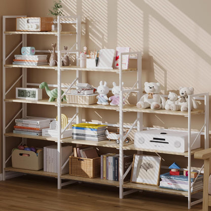 JSB No Assembly Folding Bookshelf, 4 Tier Industrial Metal Book Shelf for Storage, Vintage Wood Foldable Bookcase for Living Room, Bedroom, Office Organization Shelves — White / Flat Tube 4-Tier (5)