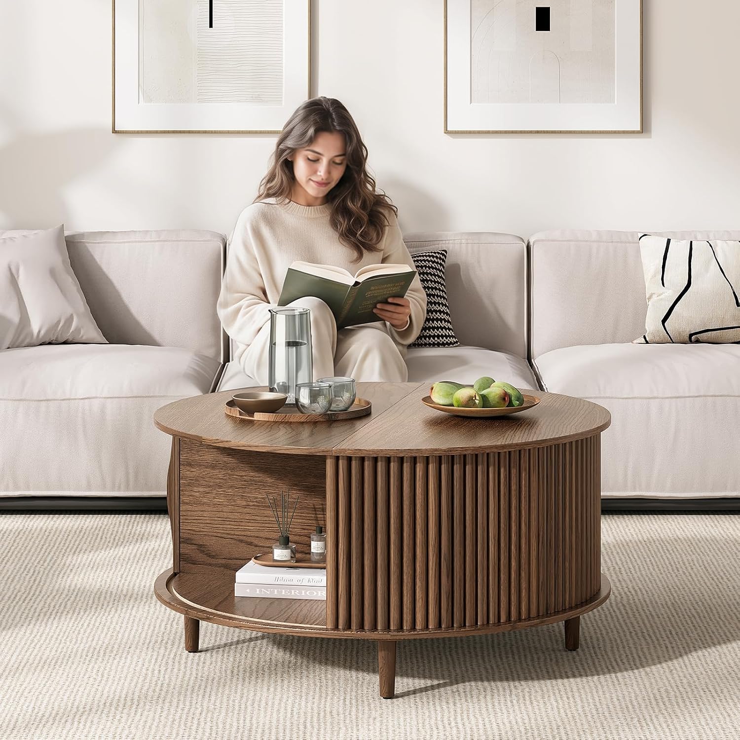 JOINICE 31.5" Round Coffee Table with Storage for Living Room, Walnut | Hidden Storage,Fluted Sliding Door,Mid Century Furniture for Small Apartments,Solid Wood Legs,Easy Assembly,Up to 110 lbs — Walnut_round (5)