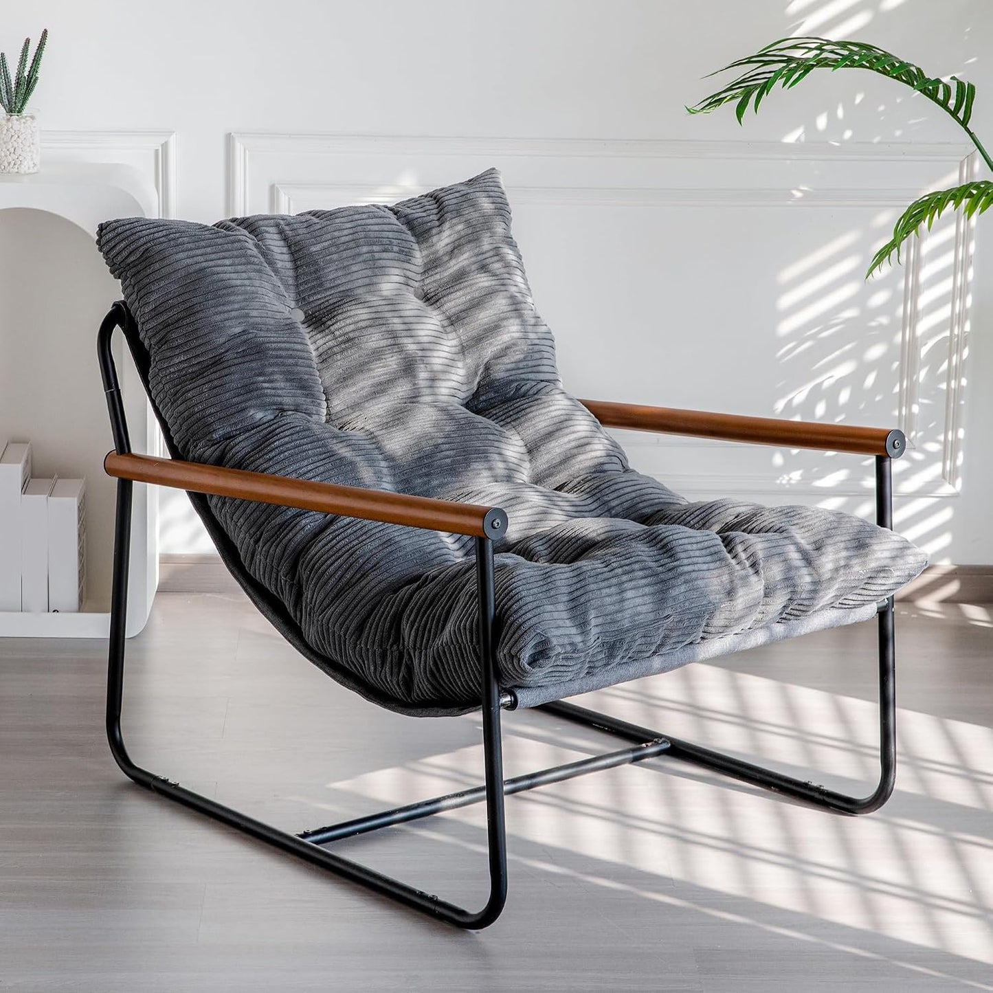 MAXYOYO Modern Accent Chair, Comfy Living Room Chair with Metal Frame Wooden Armrest, Upholstered Armchair with Soft Cushion for Bedroom Balcony Lounge Reading Room, Beige — Dark Grey (Corded Fabric) / Standard