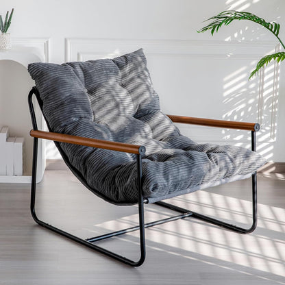 MAXYOYO Modern Accent Chair, Comfy Living Room Chair with Metal Frame Wooden Armrest, Upholstered Armchair with Soft Cushion for Bedroom Balcony Lounge Reading Room, Beige — Dark Grey (Corded Fabric) / Standard