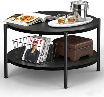 FAMIDGE Coffee Table, 23.6" Coffee Tables for Living Room, Round Coffee Table with Metal Frame, Floor Table for Sitting on The Floor, Home, Office, Black — Style3 Black(27.6dx18.1h) / 2 Tier
