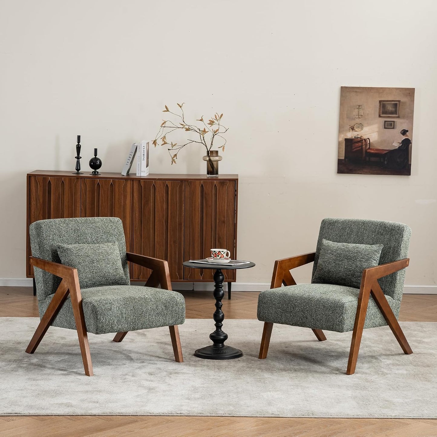 Mid-Century Modern Accent Chair with Solid Wood Frame，Upholstered Chenille Living Room Arm Chairs with Pillow for Bedroom, Living Room, Balcony, Reading Room, Green — 2 / Green