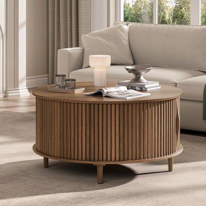 JOINICE 31.5" Round Coffee Table with Storage for Living Room, Walnut | Hidden Storage,Fluted Sliding Door,Mid Century Furniture for Small Apartments,Solid Wood Legs,Easy Assembly,Up to 110 lbs — Walnut_round (6)