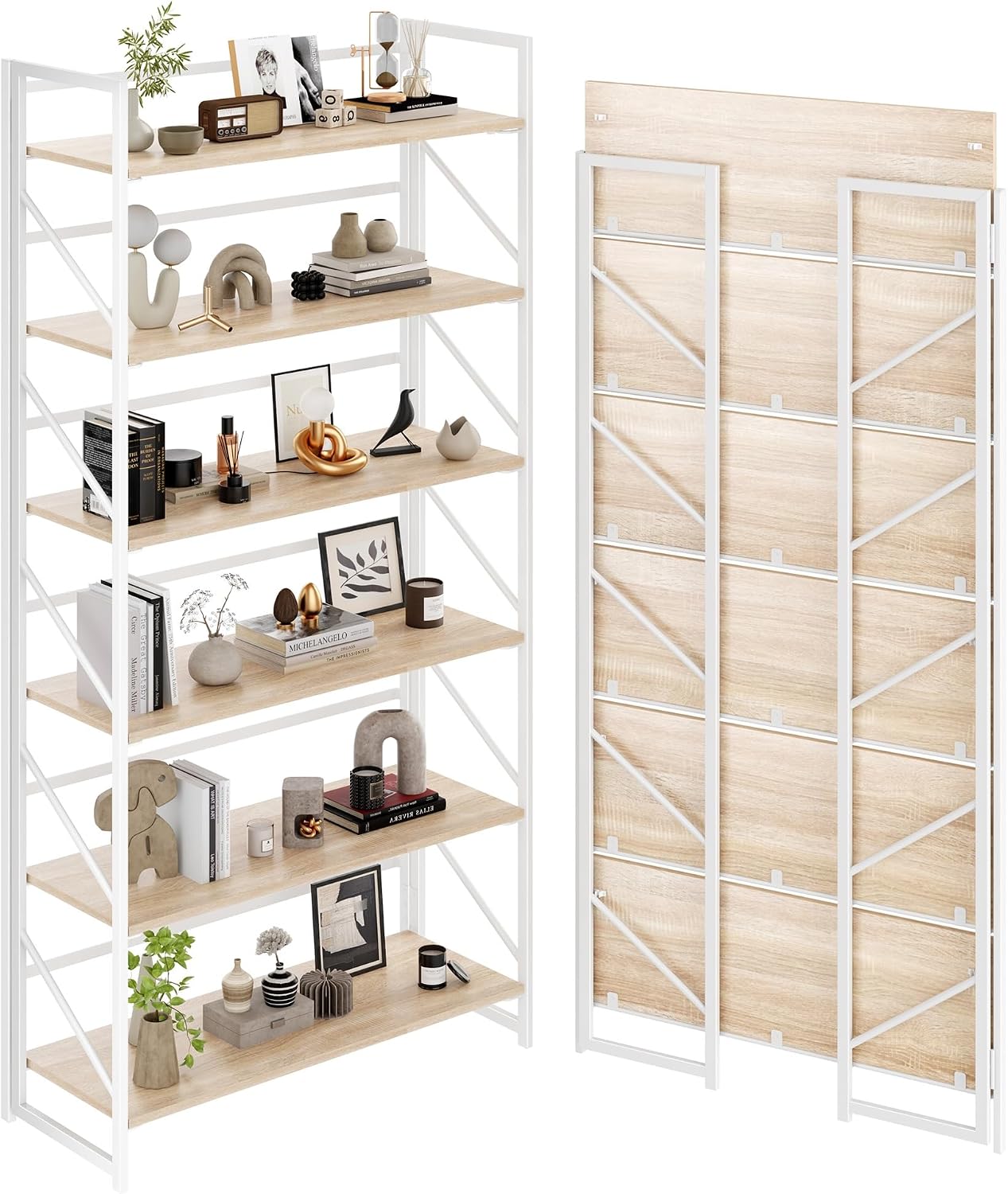JSB No Assembly Folding Bookshelf, 4 Tier Industrial Metal Book Shelf for Storage, Vintage Wood Foldable Bookcase for Living Room, Bedroom, Office Organization Shelves — White / Wide Flat Tube 6-Tier