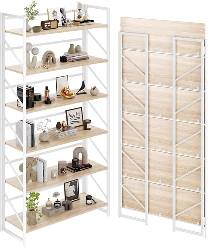 JSB No Assembly Folding Bookshelf, 4 Tier Industrial Metal Book Shelf for Storage, Vintage Wood Foldable Bookcase for Living Room, Bedroom, Office Organization Shelves — White / Wide Flat Tube 6-Tier